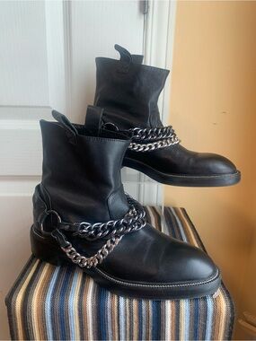 Black Leather ankle Boots Silver Chain moto biker style